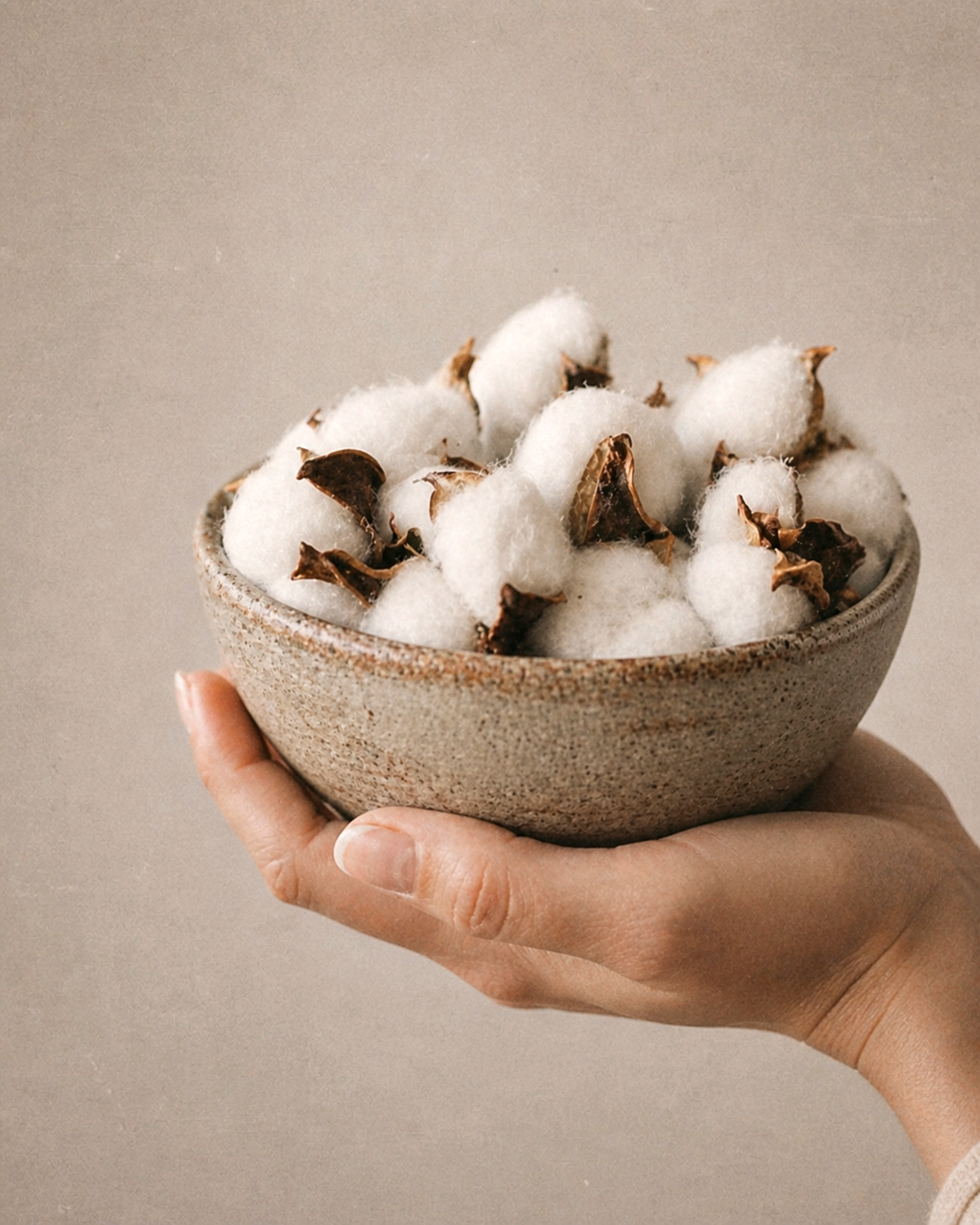 Hand holding a stoneware bowl of raw cotton bolls